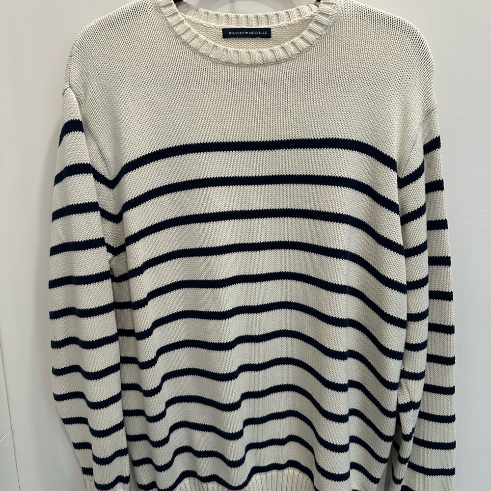 Brandy Melville Cream and Black Striped Crewneck Sweater